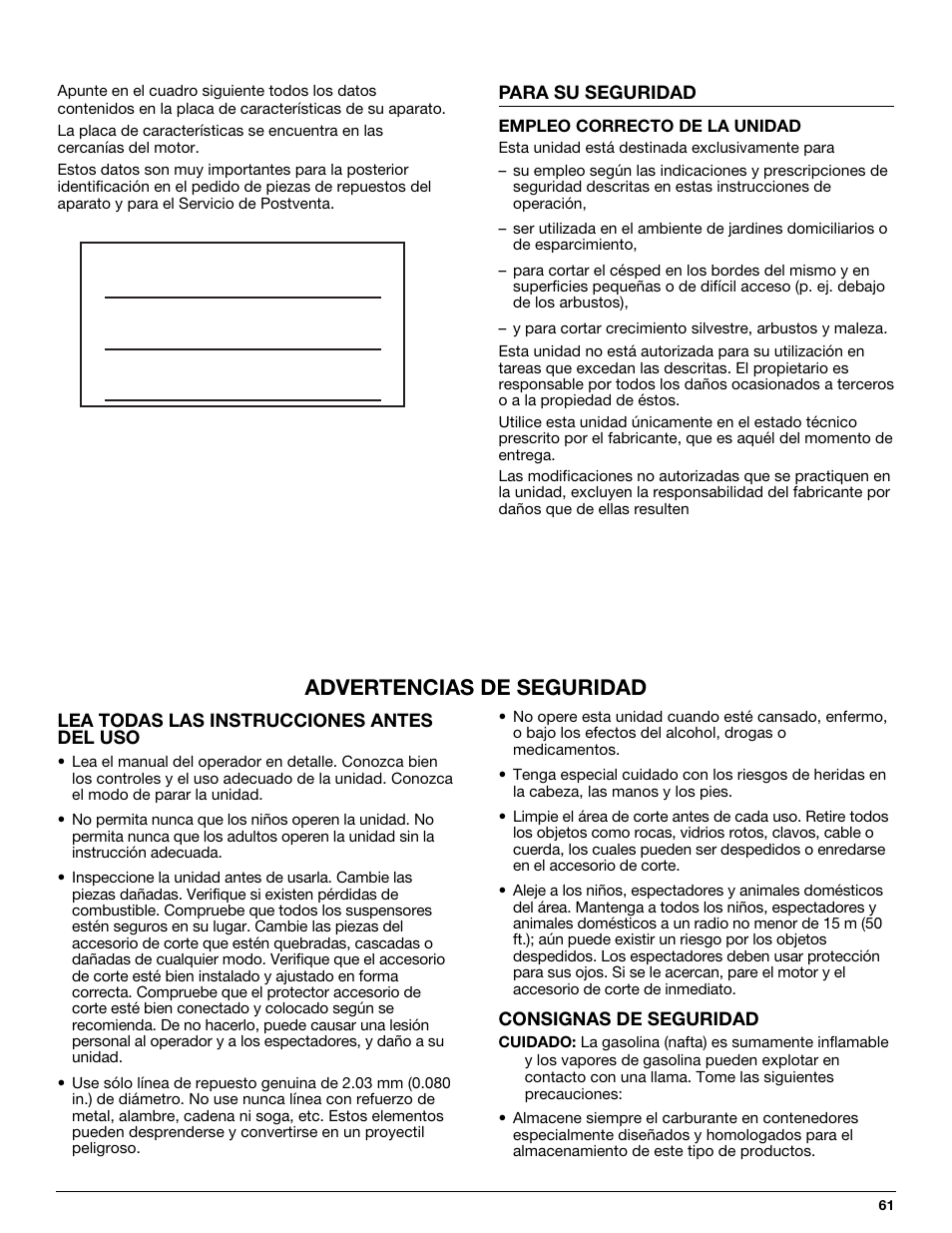 Advertencias de seguridad | MTD 710 User Manual | Page 61 / 72