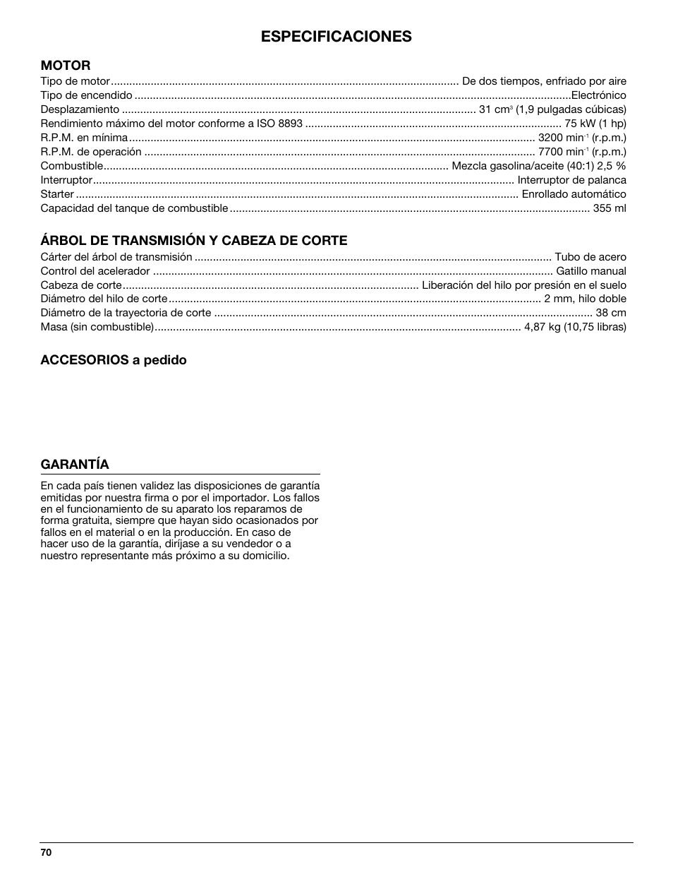 Especificaciones | MTD 710 User Manual | Page 70 / 72