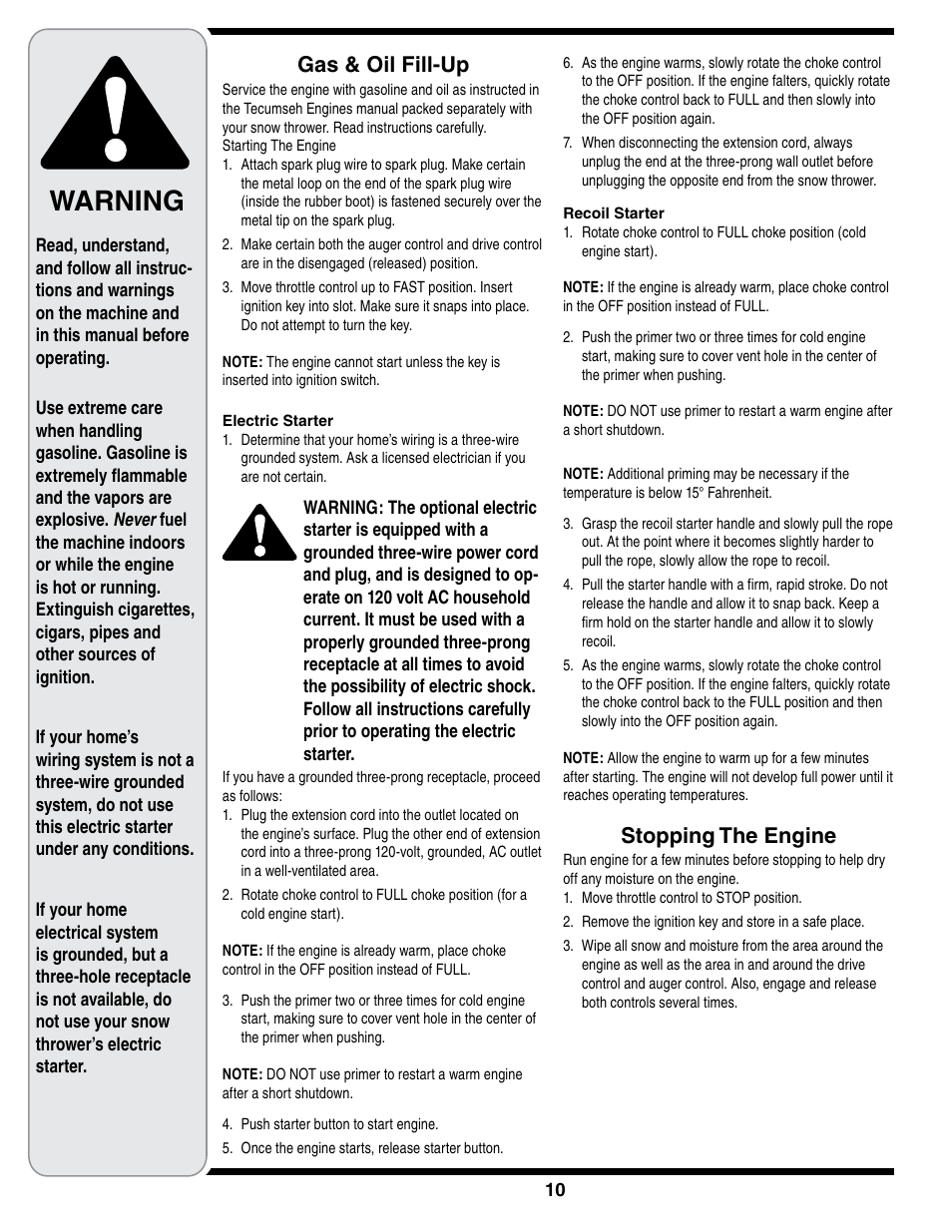 Warning, Gas & oil fill-up, Stopping the engine | MTD 769-01275D User Manual | Page 10 / 28