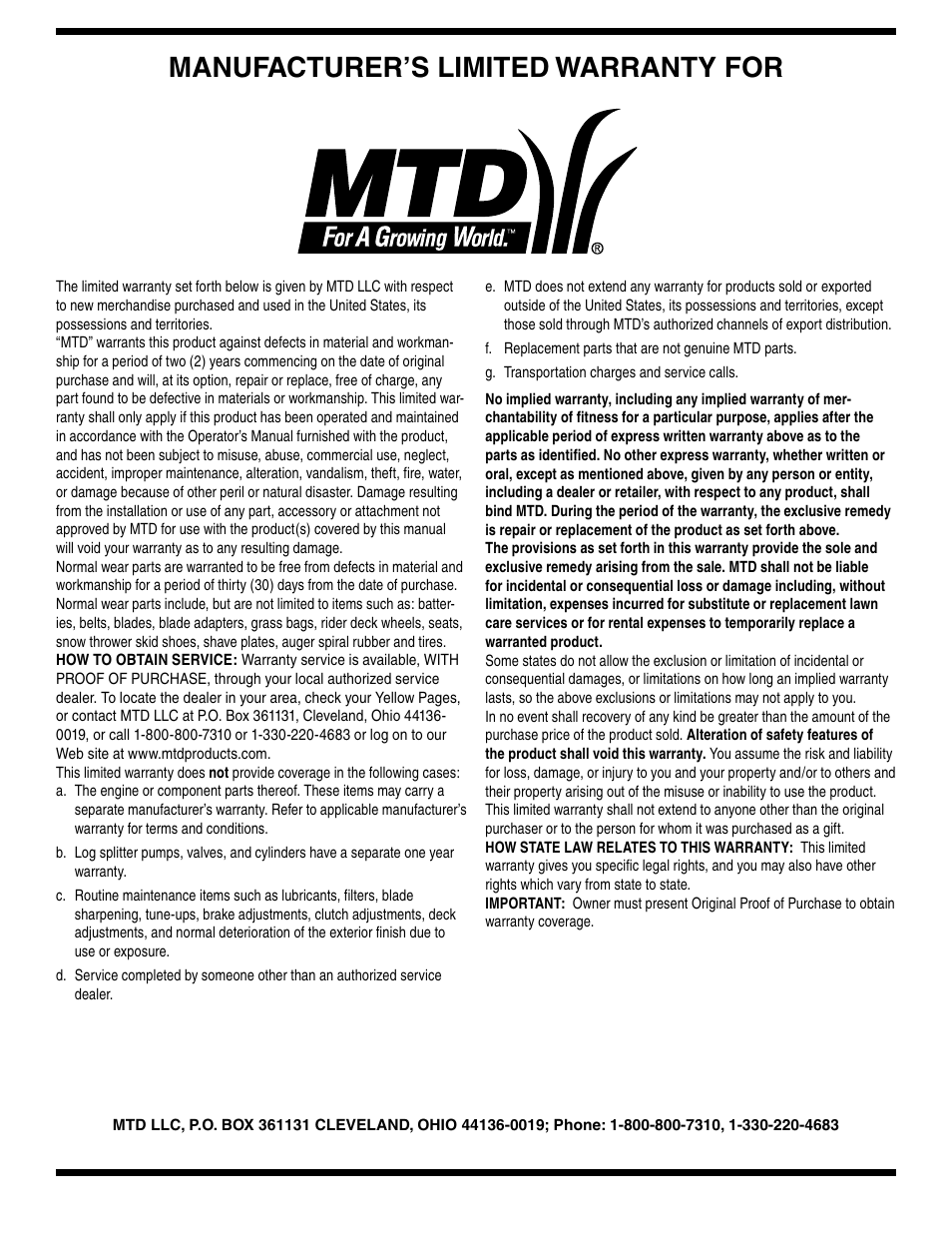 Manufacturer’s limited warranty for | MTD 769-01275D User Manual | Page 28 / 28