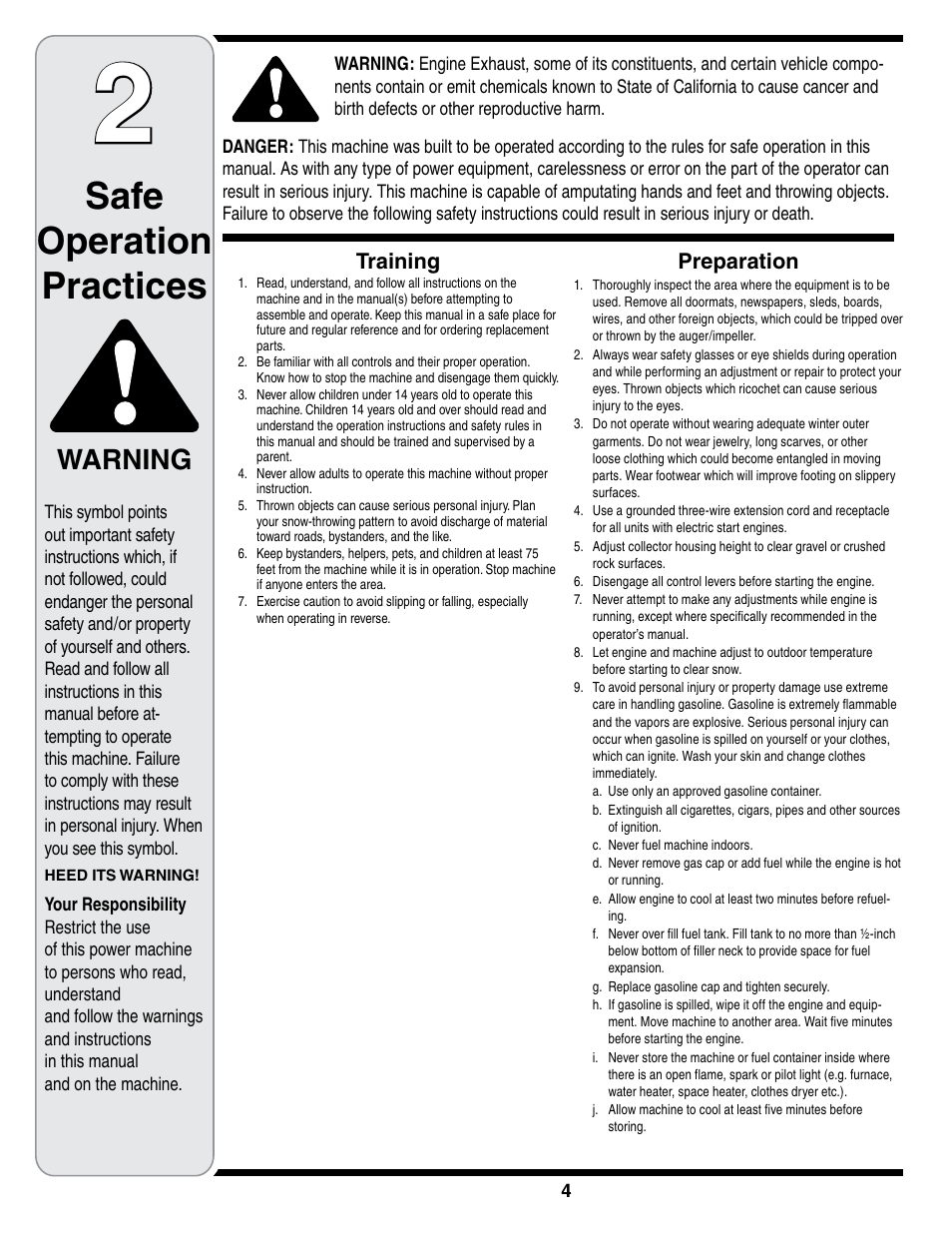 Safe operation practices, Warning, Training | Preparation | MTD 769-01275D User Manual | Page 4 / 28