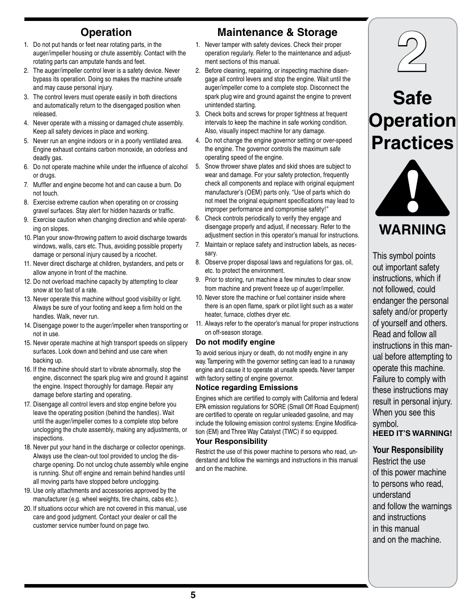 Safe operation practices, Warning, Operation | Maintenance & storage | MTD 769-01275D User Manual | Page 5 / 28