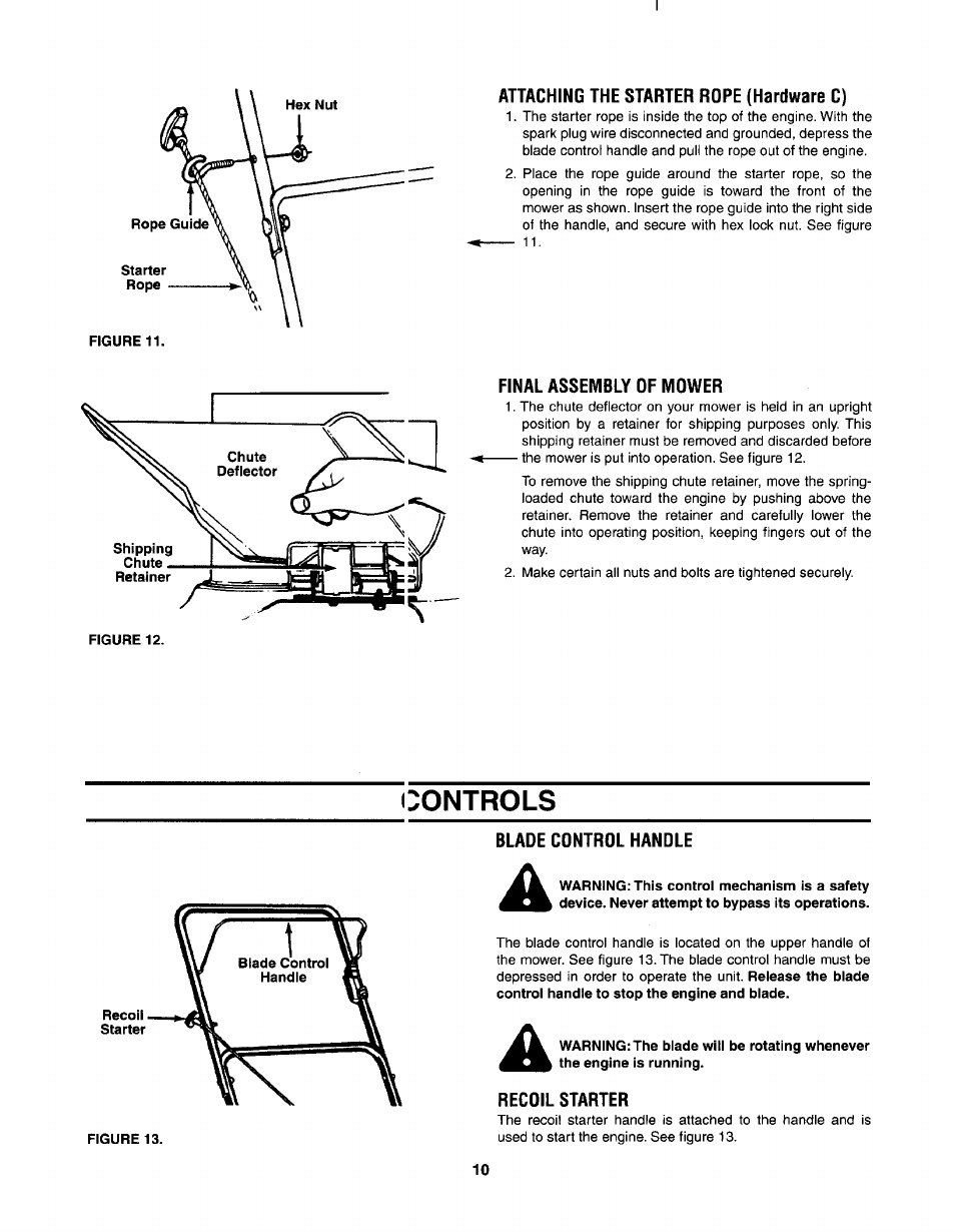 Attaching the starter rope (hardware c), Final assembly of mower, Controls | Blade control handle, Recoil starter | MTD 030 thru 062 User Manual | Page 10 / 15