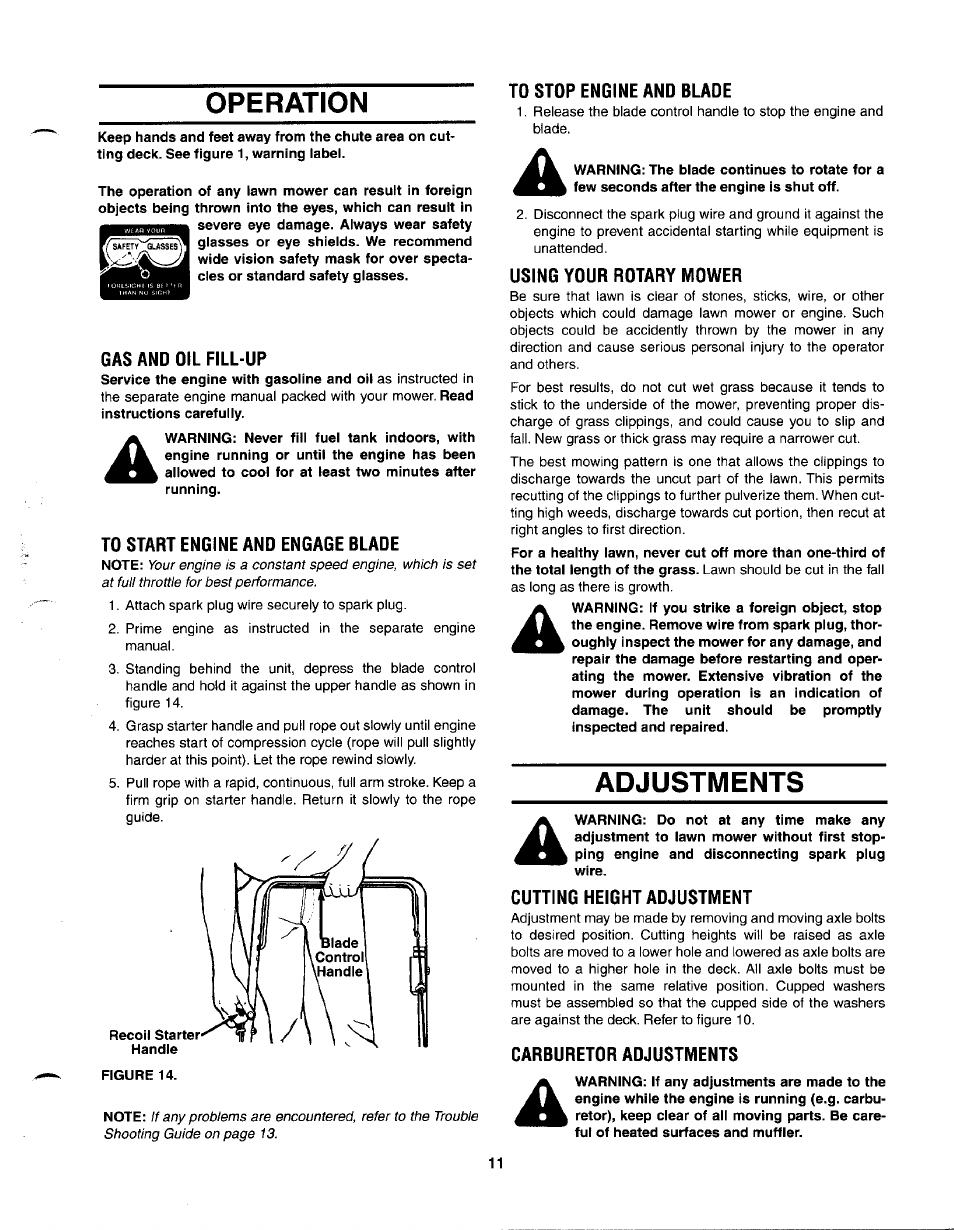 Operation, Gas and oil fill-up, To start engine and engage blade | To stop engine and blade, Using your rotary mower, Adjustments, Cutting height adjustment, Carburetor adjustments | MTD 030 thru 062 User Manual | Page 11 / 15