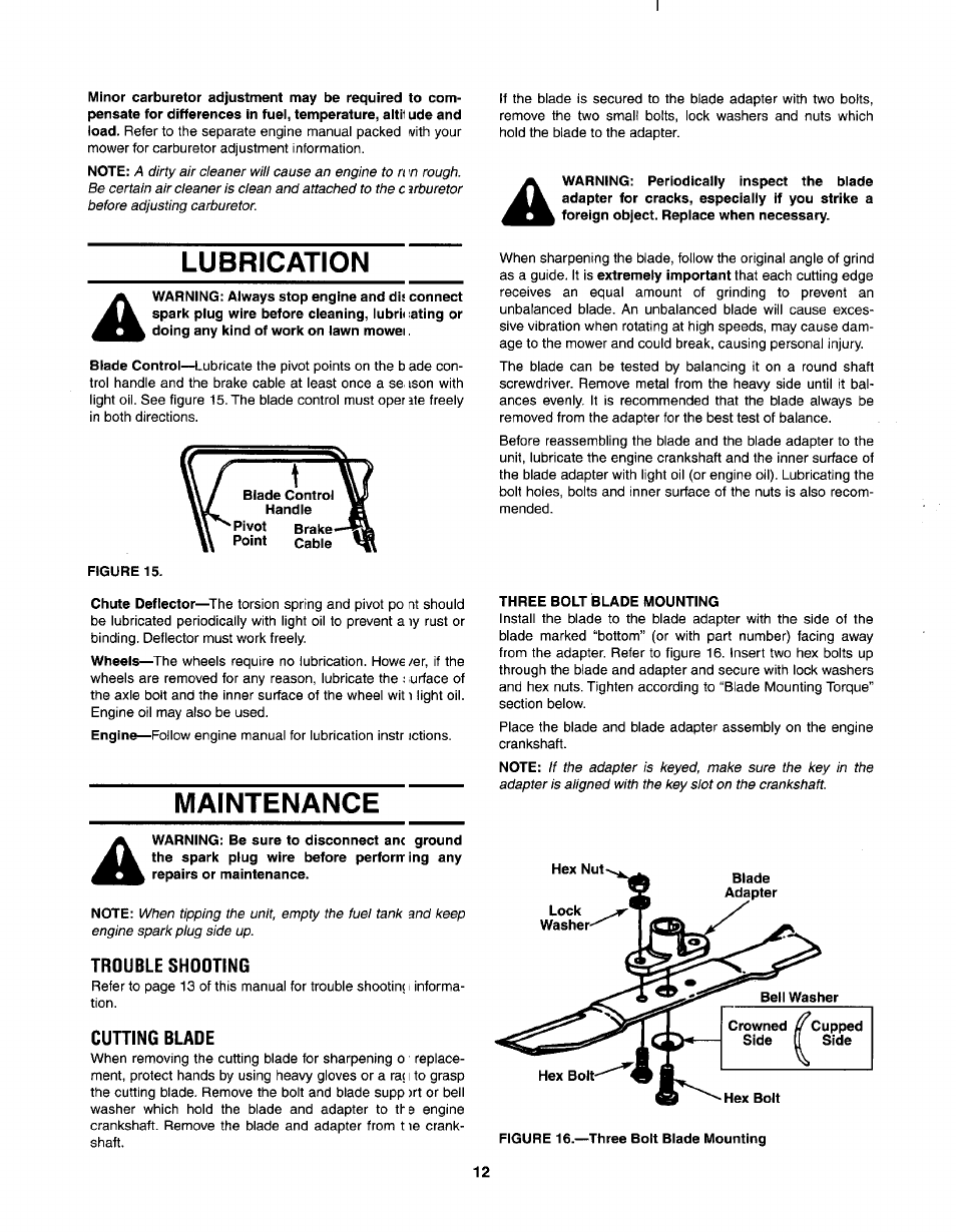 Lubrication, Maintenance, Trouble shooting | Cuning blaoe | MTD 030 thru 062 User Manual | Page 12 / 15