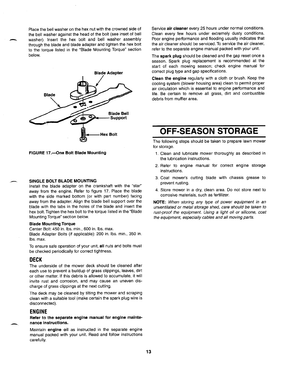 Deck, Engine, Off-season storage | MTD 030 thru 062 User Manual | Page 13 / 15