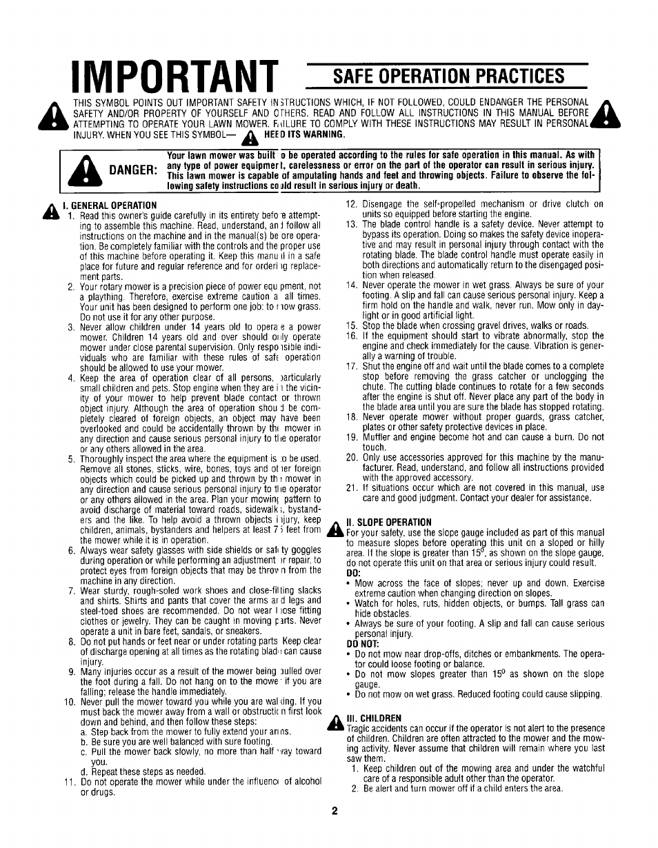 Important, Safe operation practices | MTD 030 thru 062 User Manual | Page 2 / 15