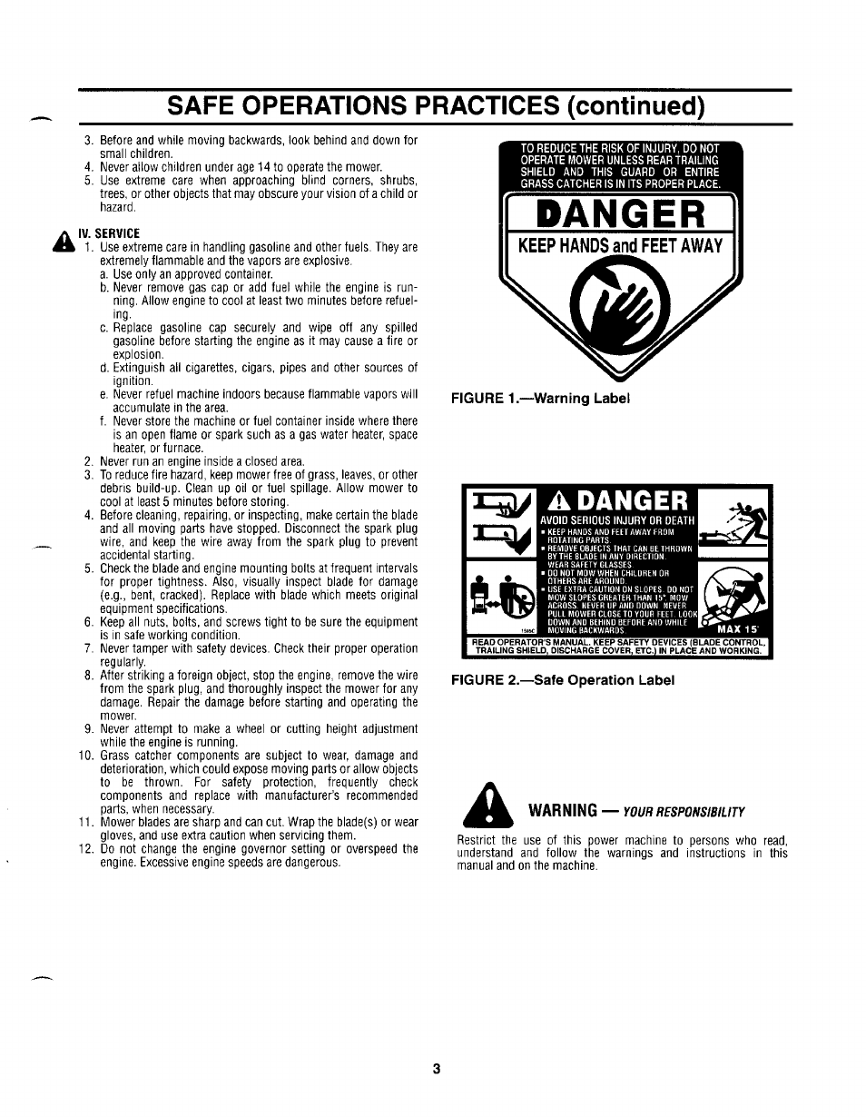 Safe operations practices (continued), A danger, Warning | MTD 030 thru 062 User Manual | Page 3 / 15