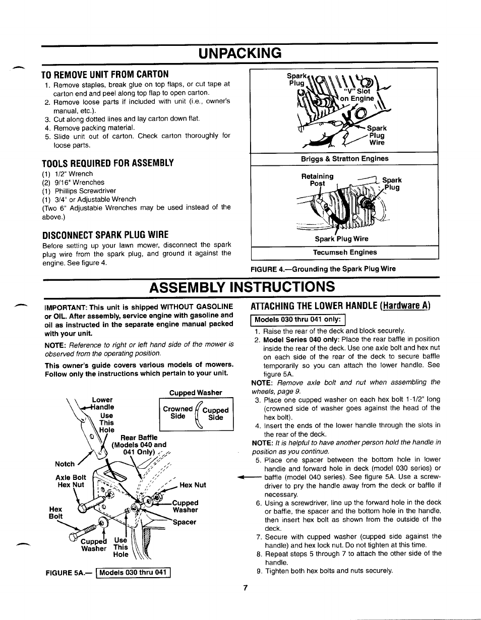 Unpacking, To remove unit from carton, Tools required for assembly | Disconnect spark plug wire, Assembly instructions, Attaching the lower handle (hardware a) | MTD 030 thru 062 User Manual | Page 7 / 15