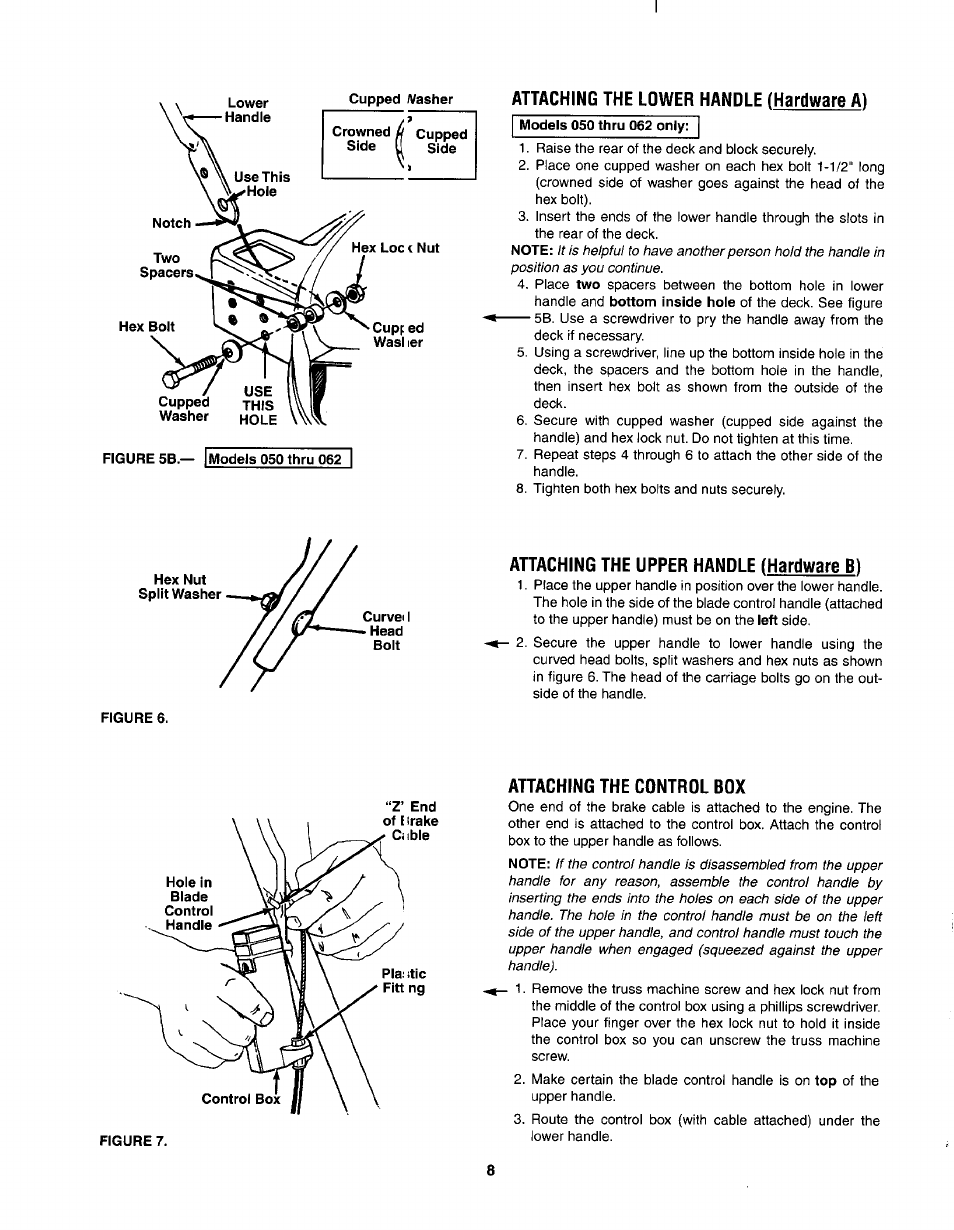 Attaching the lower handle (hardware a), Attaching the upper handle (hardware b1, Attaching the control box | MTD 030 thru 062 User Manual | Page 8 / 15