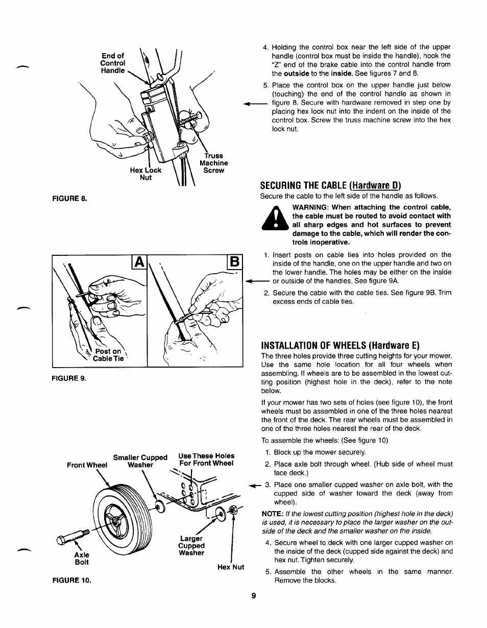 Securing the cable (hardware d), Installation of wheels (hardware e) | MTD 030 thru 062 User Manual | Page 9 / 15