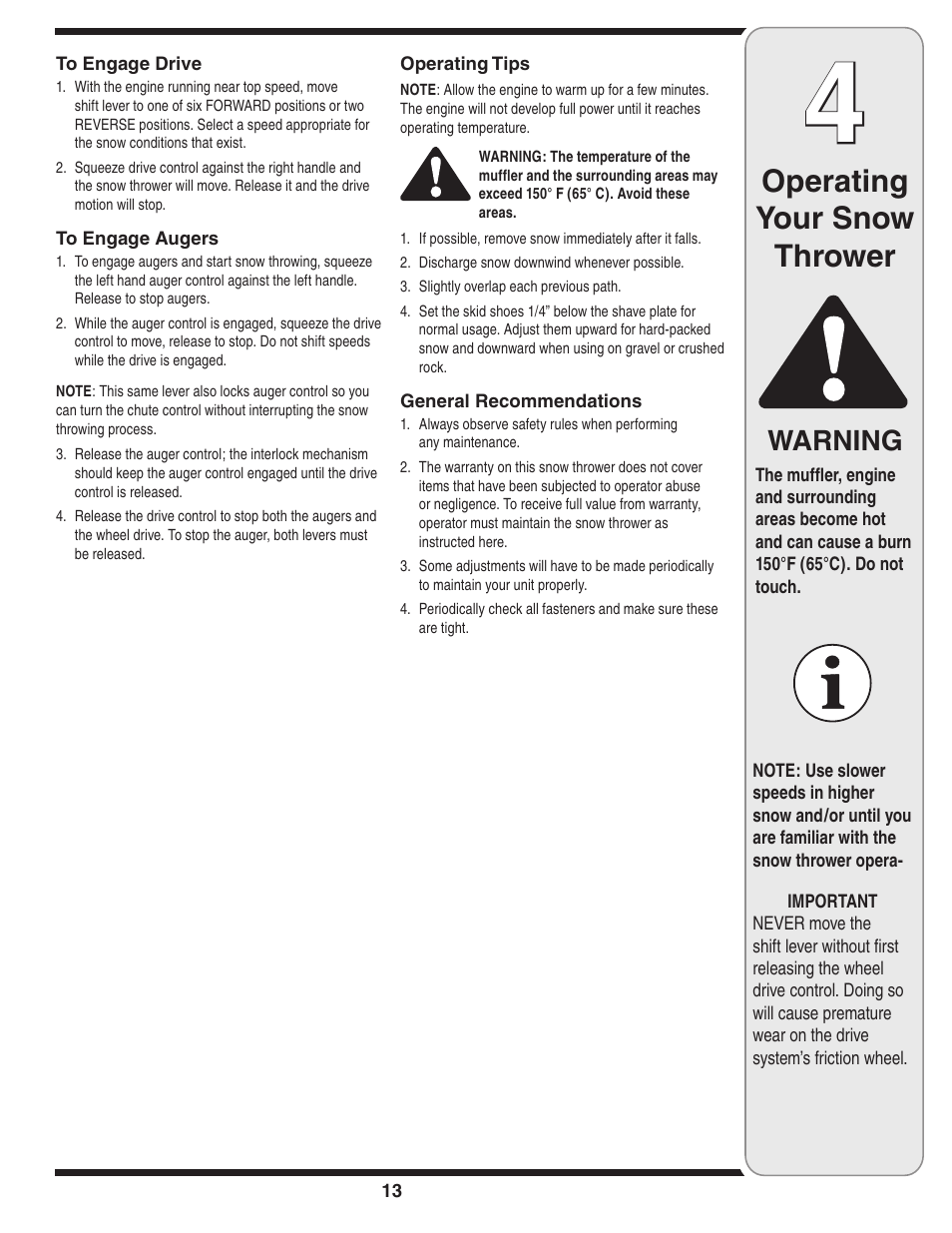 Operating your snow thrower, Warning | MTD 769-03342 User Manual | Page 13 / 56