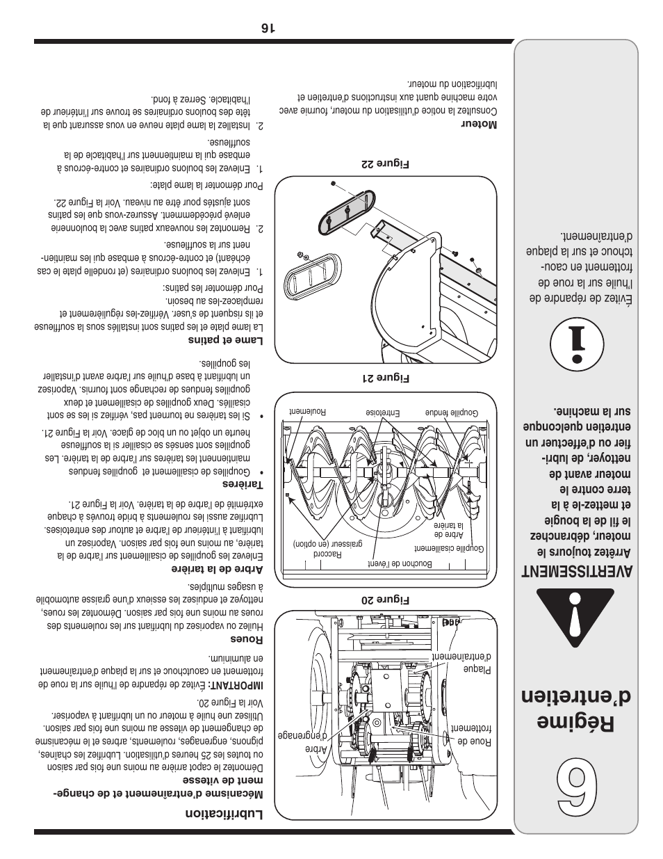 Régime d’entretien, Aver tissement | MTD 769-03342 User Manual | Page 41 / 56