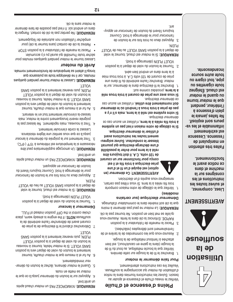 Utilisation de la souffleuse, Aver tissement, Pleins d’essence et d’huile | MTD 769-03342 User Manual | Page 45 / 56