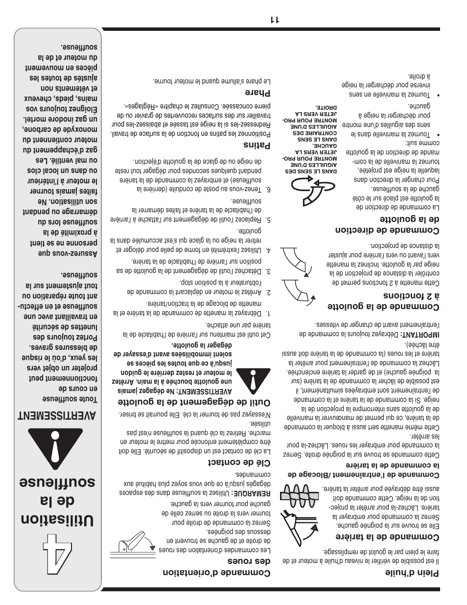 Utilisation de la souffleuse, Aver tissement | MTD 769-03342 User Manual | Page 46 / 56
