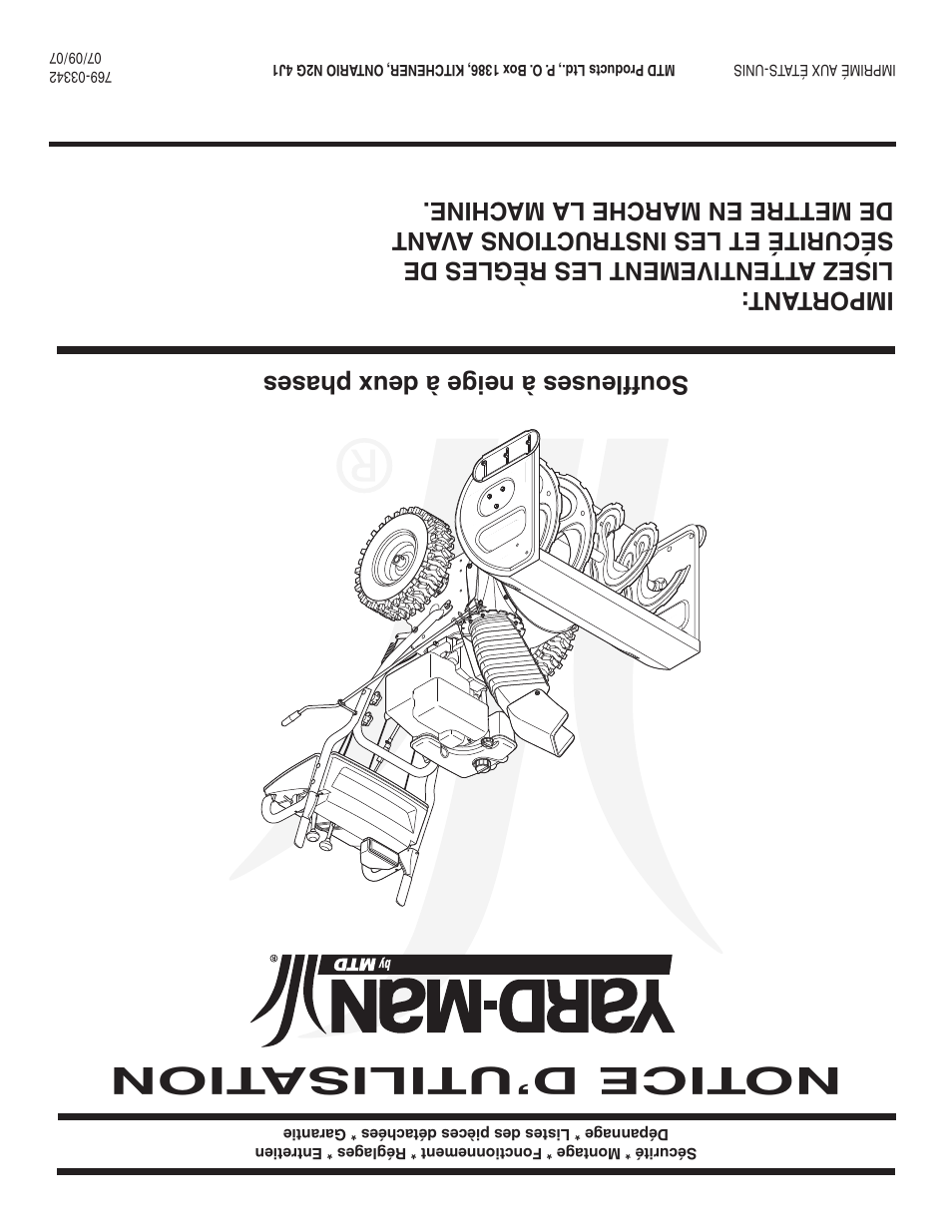 Notice d’utilisa tion, Souffleuses à neige à deux phases | MTD 769-03342 User Manual | Page 56 / 56