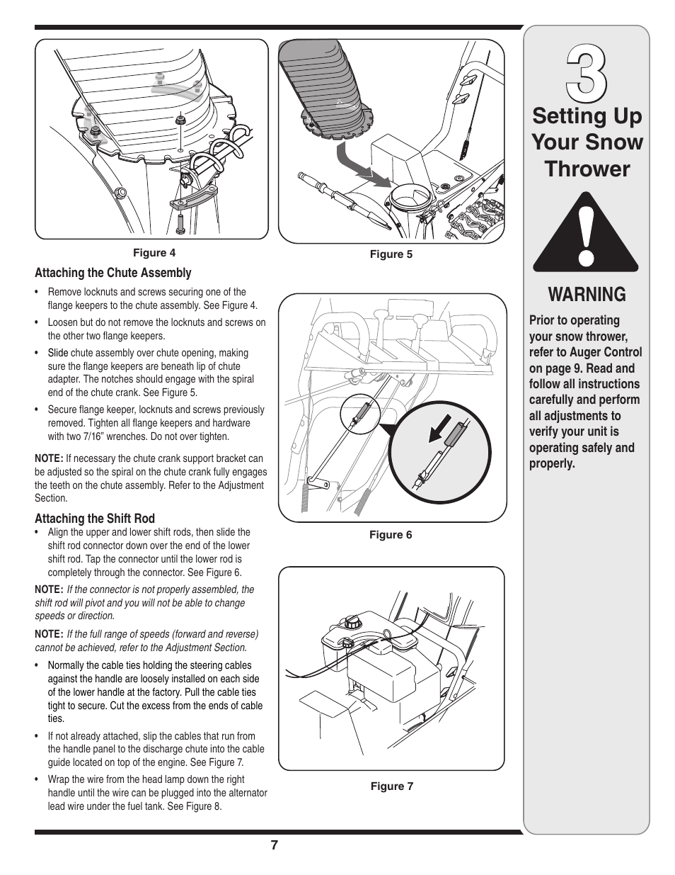 Setting up your snow thrower, Warning | MTD 769-03342 User Manual | Page 7 / 56