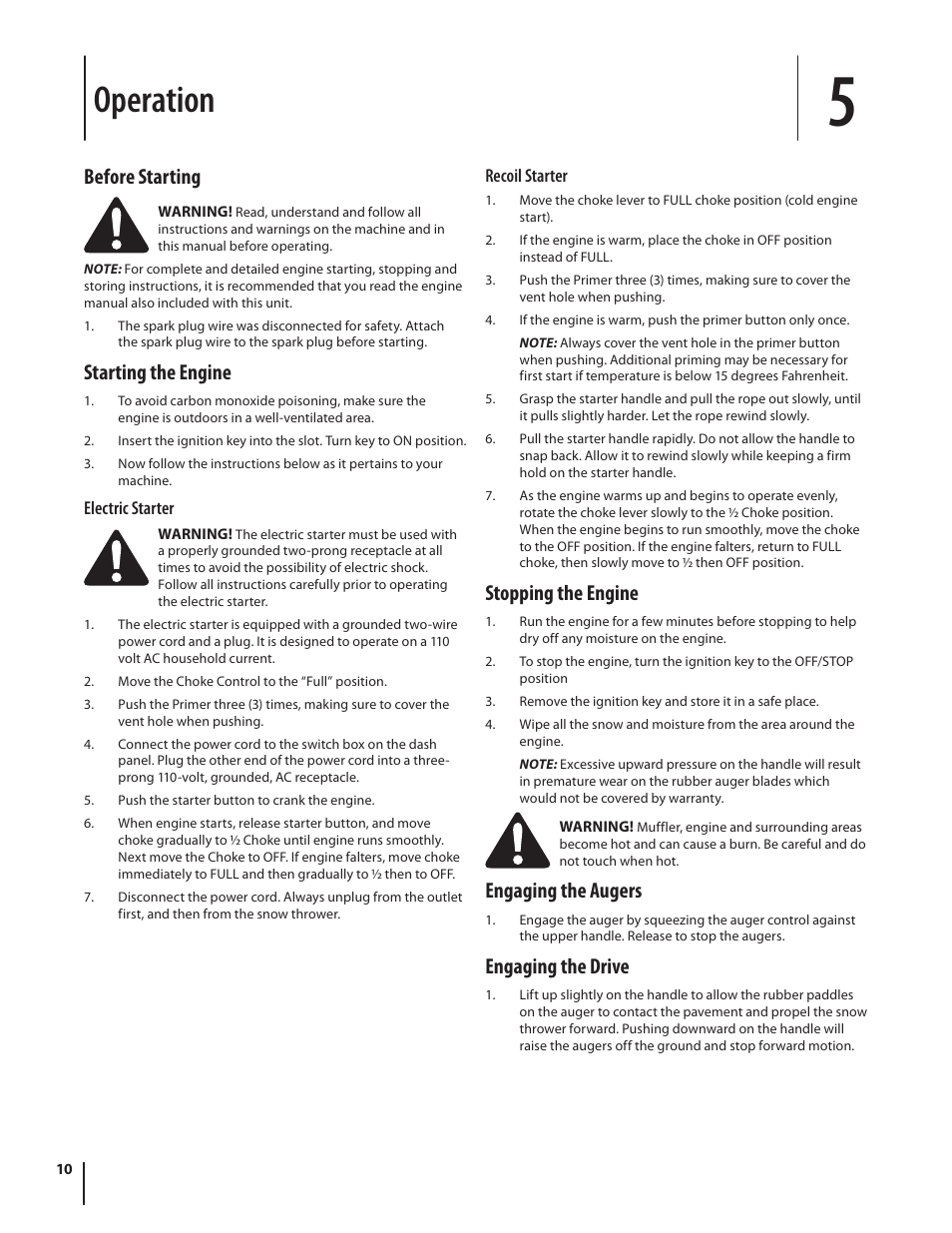 Operation, Before starting, Starting the engine | Stopping the engine, Engaging the augers, Engaging the drive | MTD 769-01283C User Manual | Page 10 / 32
