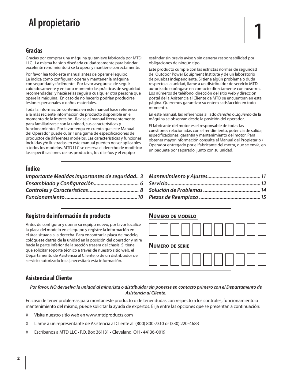 Al propietario, Asistencia al cliente, Gracias | Índice n, Registro de información de producto | MTD 769-01283C User Manual | Page 18 / 32