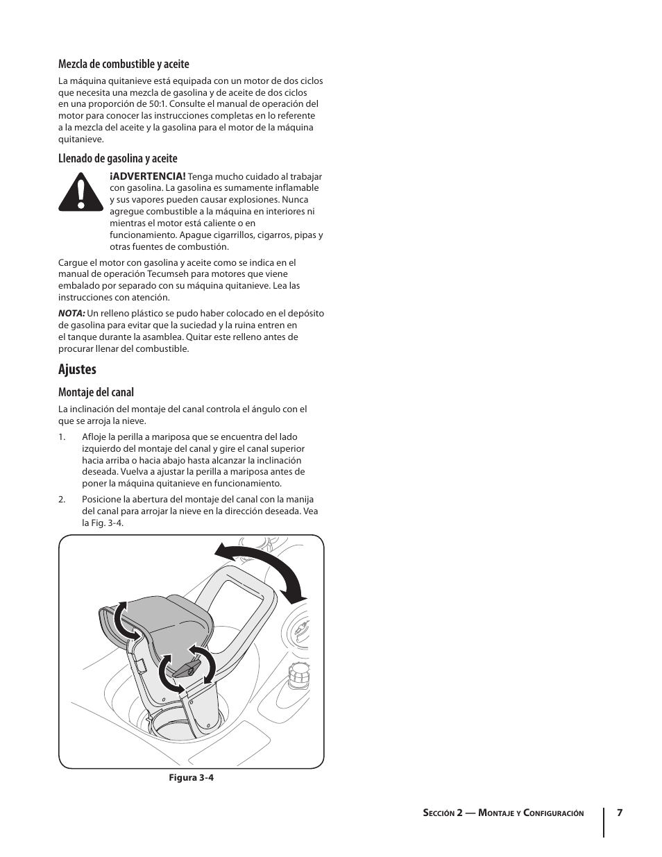 Ajustes, Mezcla de combustible y aceite, Llenado de gasolina y aceite | Montaje del canal | MTD 769-01283C User Manual | Page 23 / 32