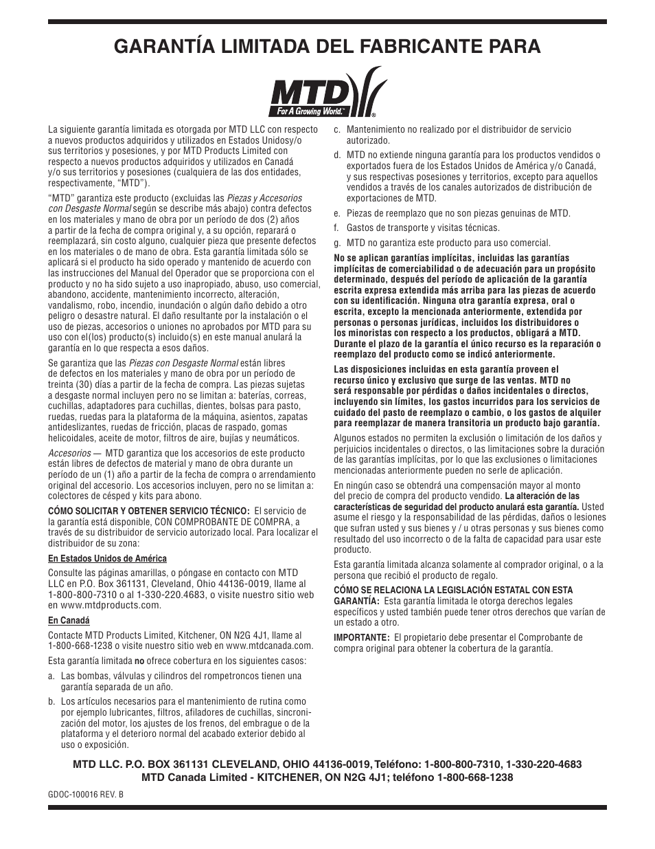 Garantía limitada del fabricante para | MTD 769-01283C User Manual | Page 32 / 32