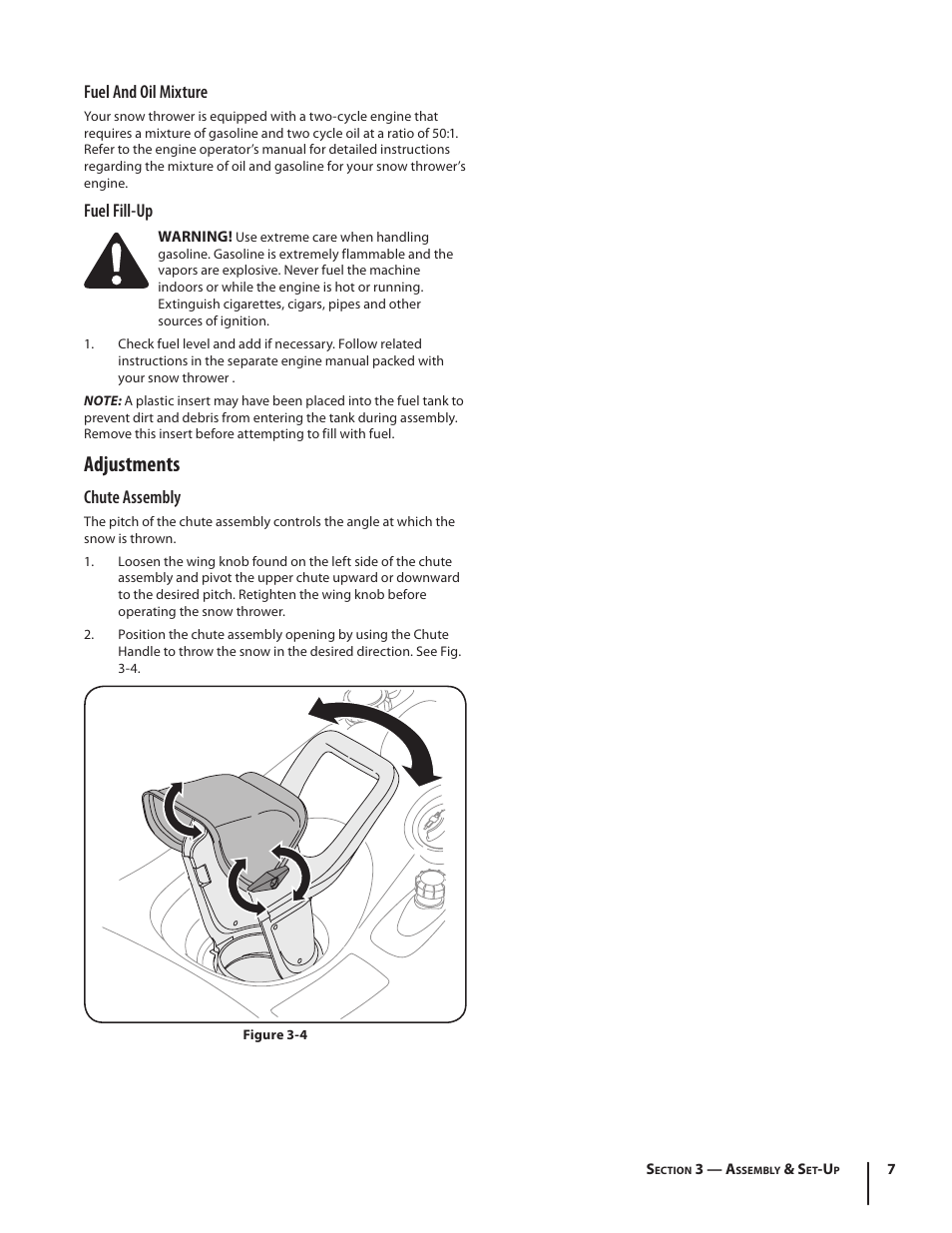 Adjustments, Fuel and oil mixture, Fuel fill-up | Chute assembly | MTD 769-01283C User Manual | Page 7 / 32