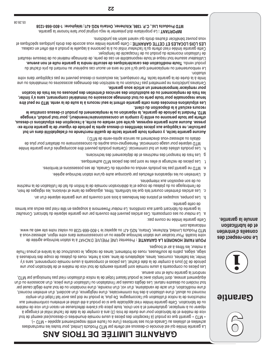 Garantie, Garantie limitée de tr ois ans | MTD 769-04100 28 User Manual | Page 35 / 56