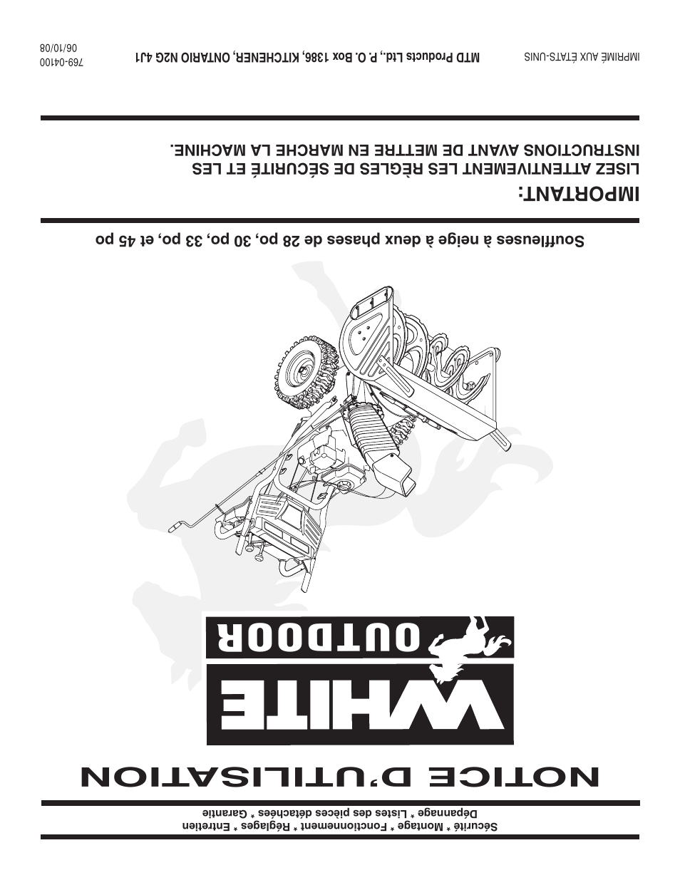Ou td oo r, Notice d’utilisa tion, Important | MTD 769-04100 28 User Manual | Page 56 / 56