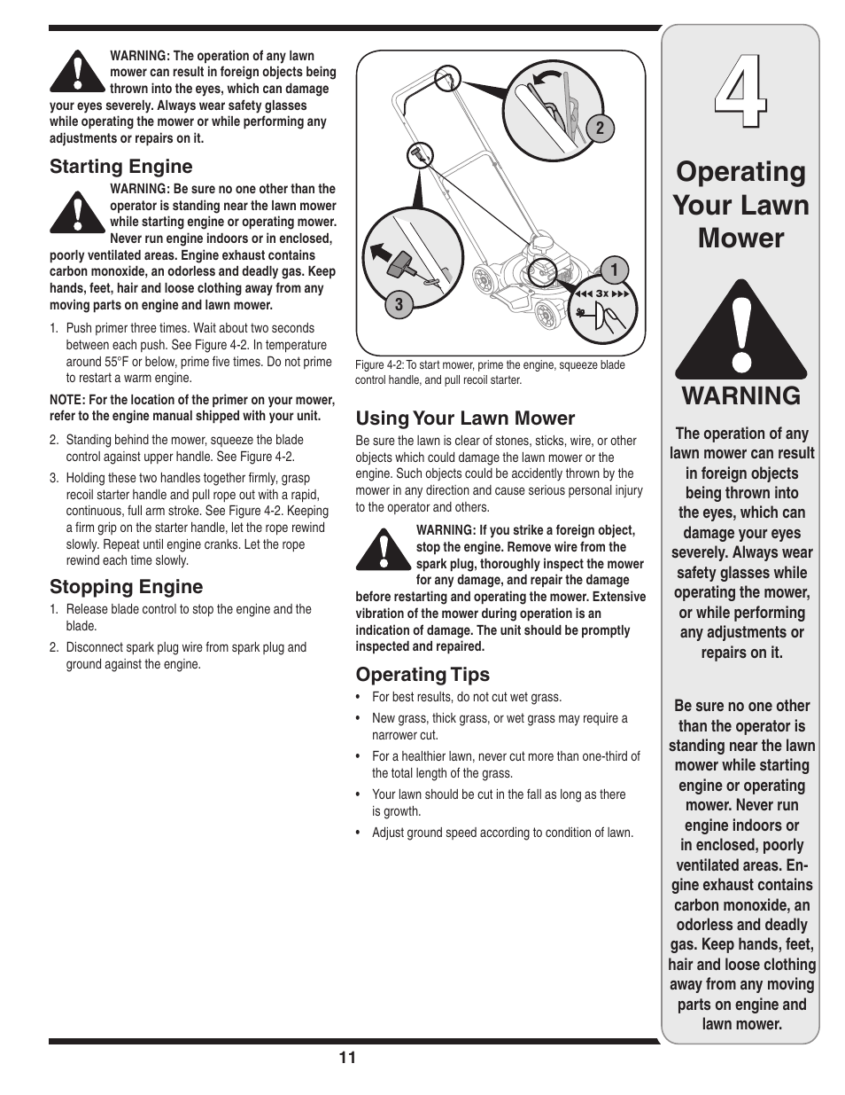 Operating your lawn mower, Warning | MTD 020 Series User Manual | Page 11 / 20