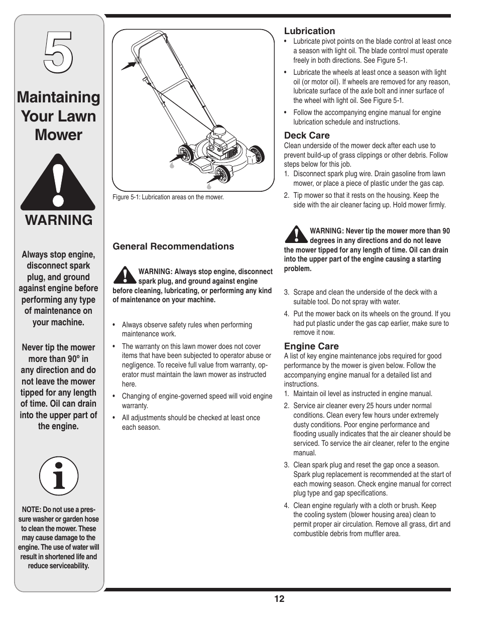 Maintaining your lawn mower, Warning | MTD 020 Series User Manual | Page 12 / 20