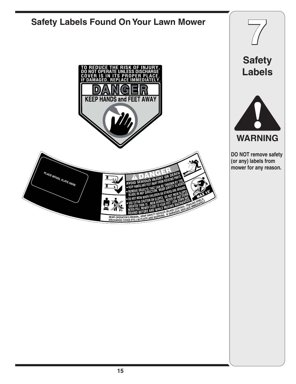 Safety labels, Warning, Safety labels found on your lawn mower | Dange r | MTD 020 Series User Manual | Page 15 / 20