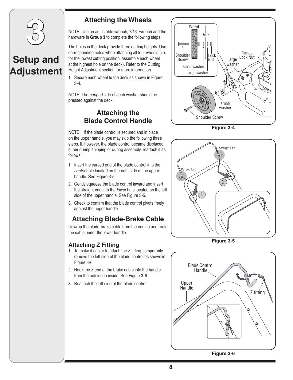Setup and adjustment, Attaching the wheels, Attaching the blade control handle | Attaching blade-brake cable | MTD 020 Series User Manual | Page 8 / 20