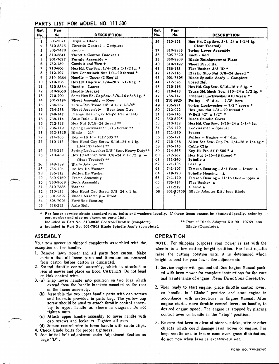 Assembly, Operation | MTD 111-500 User Manual | Page 3 / 4