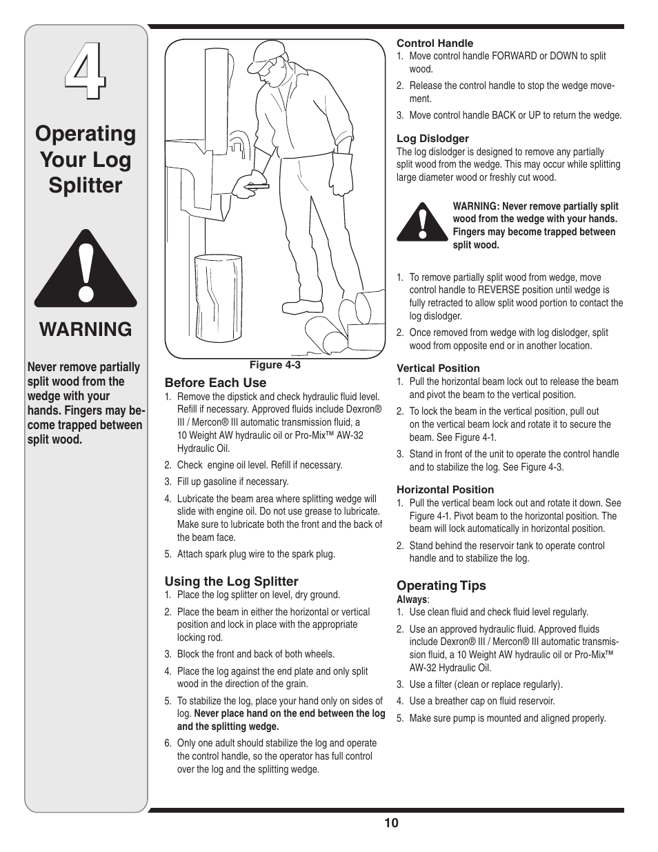 Operating your log splitter, Warning | MTD 510 User Manual | Page 10 / 20