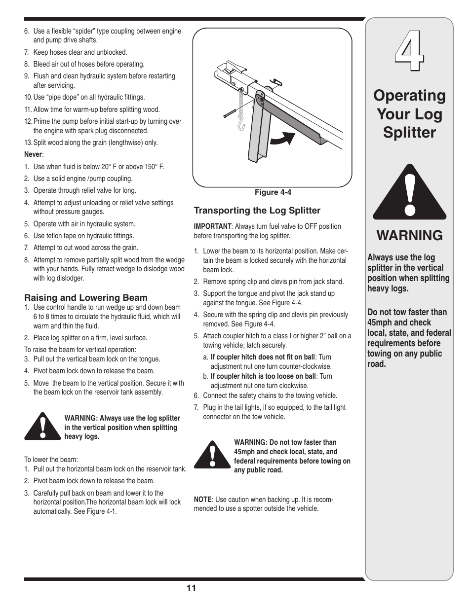 Operating your log splitter, Warning | MTD 510 User Manual | Page 11 / 20