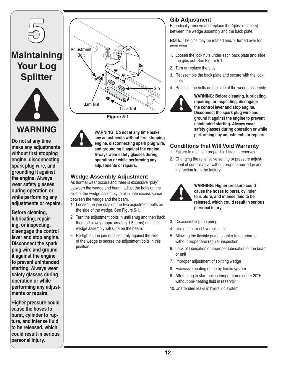 Maintaining your log splitter, Warning | MTD 510 User Manual | Page 12 / 20