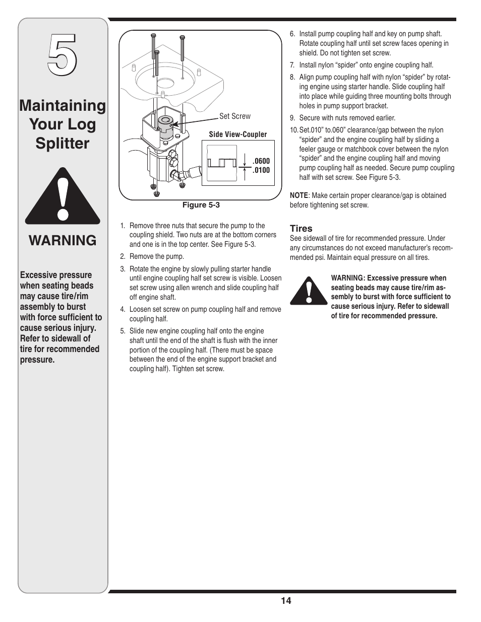 Maintaining your log splitter, Warning | MTD 510 User Manual | Page 14 / 20
