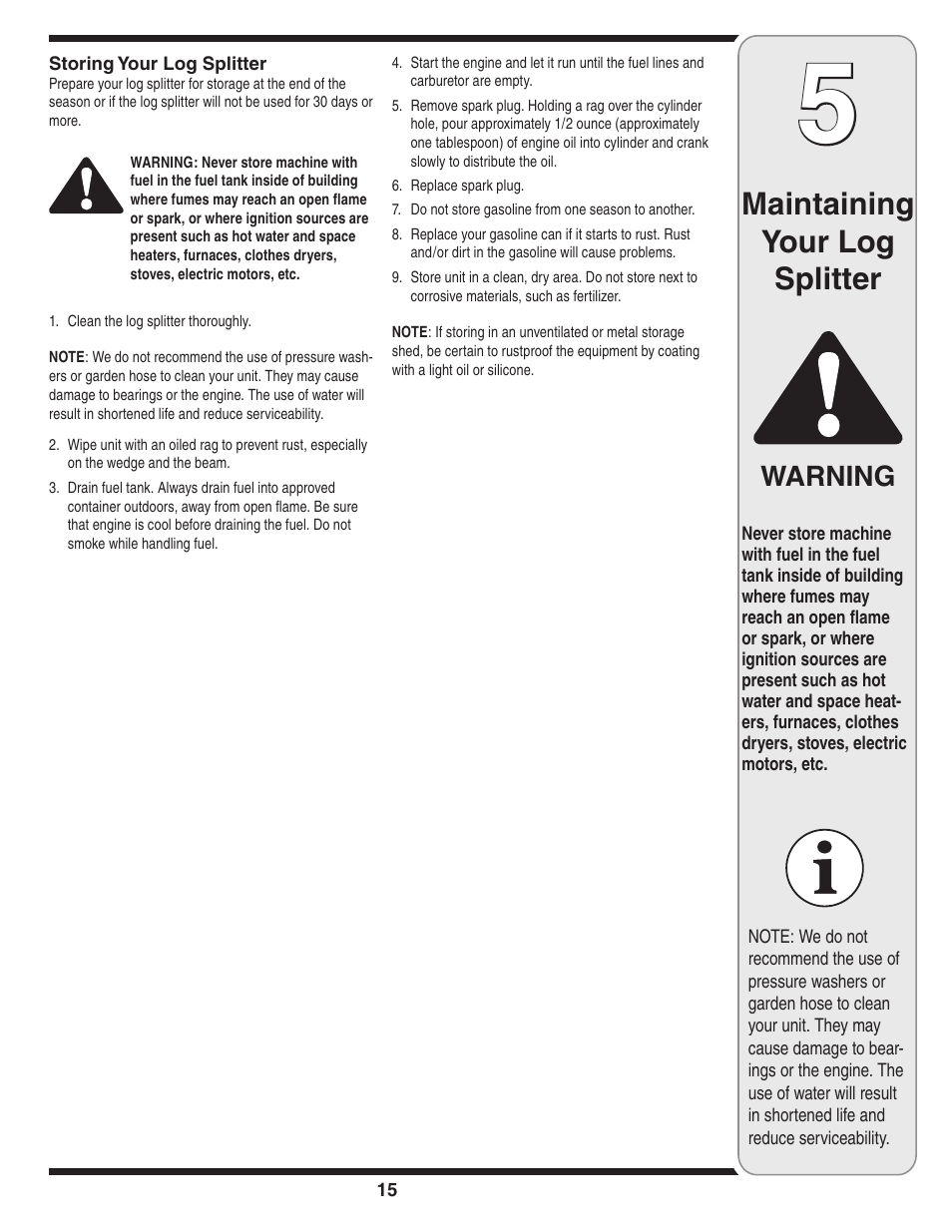 Maintaining your log splitter, Warning | MTD 510 User Manual | Page 15 / 20