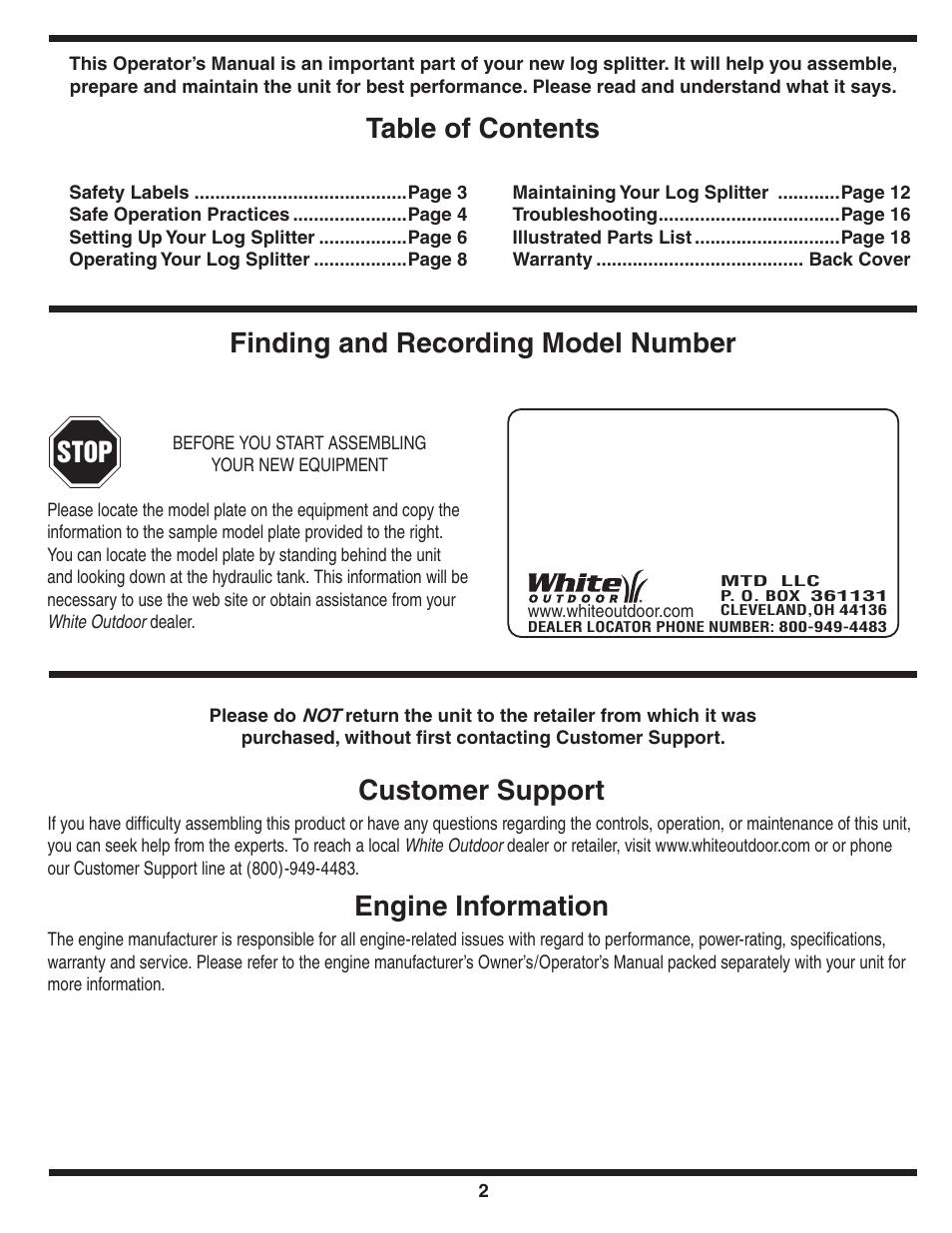 Customer support, Engine information, Stop | MTD 510 User Manual | Page 2 / 20