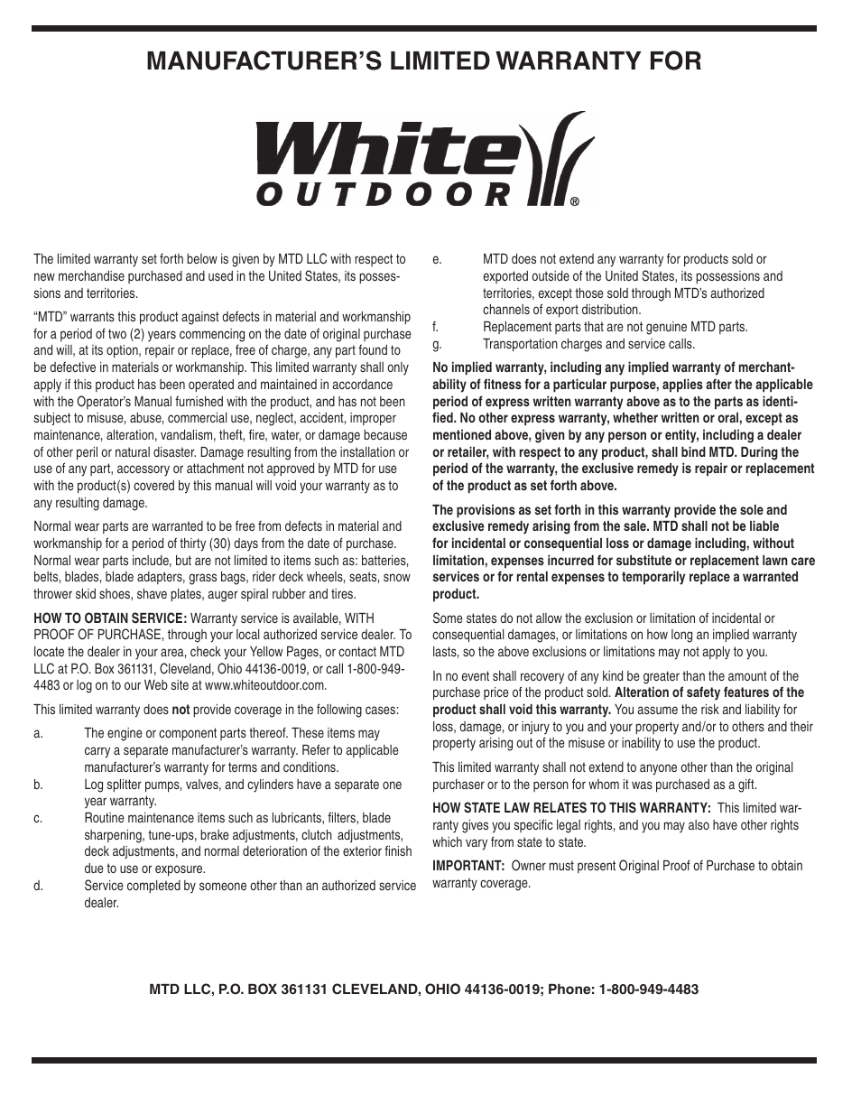 Manufacturer’s limited warranty for | MTD 510 User Manual | Page 20 / 20