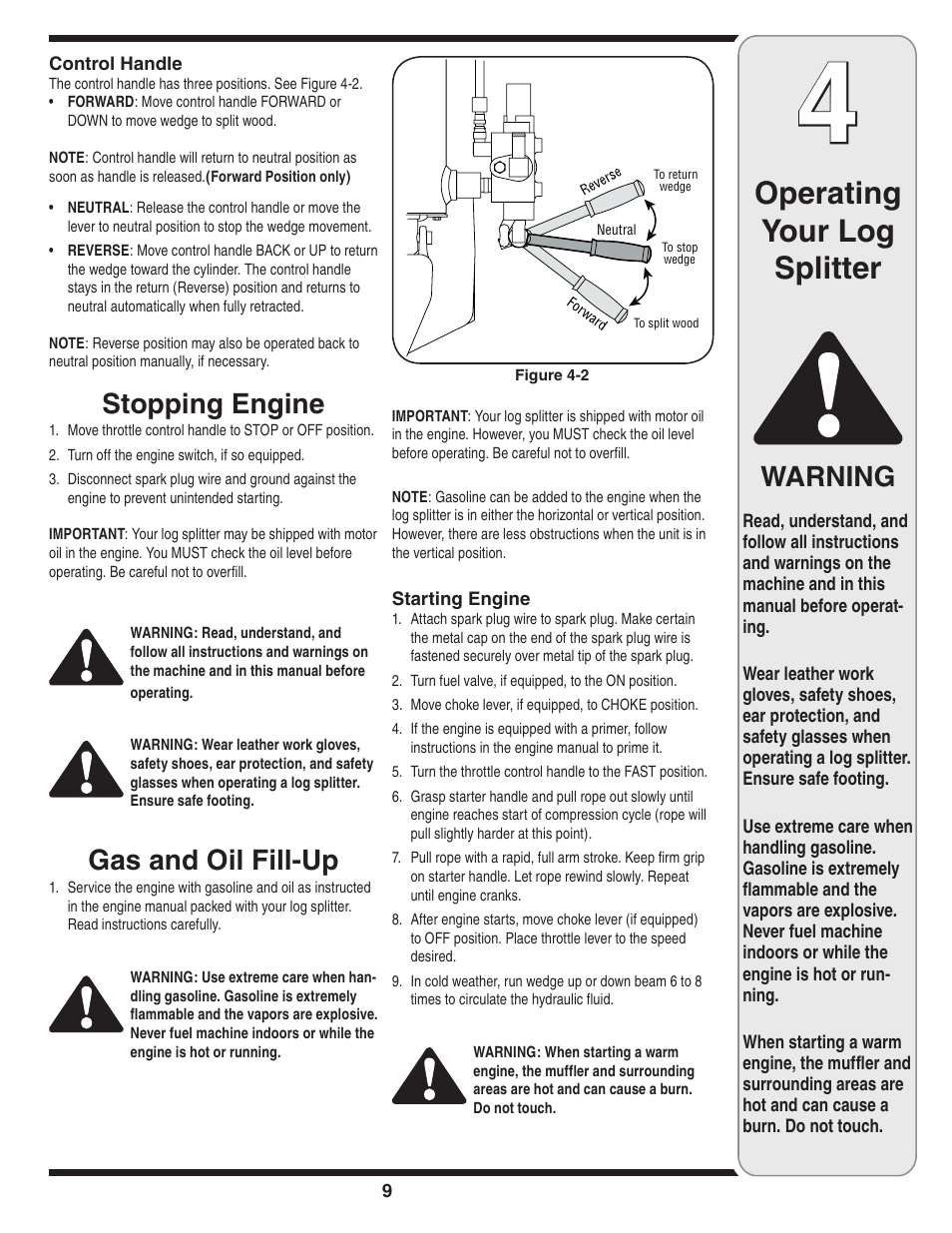 Operating your log splitter, Stopping engine, Gas and oil fill-up | Warning | MTD 510 User Manual | Page 9 / 20