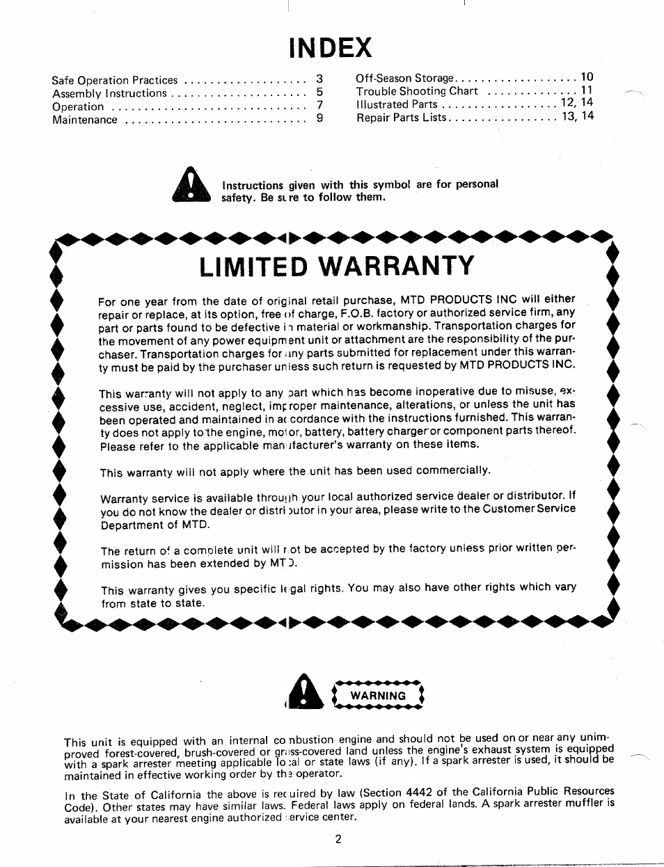 Index, Limited warranty | MTD 24638S User Manual | Page 2 / 16