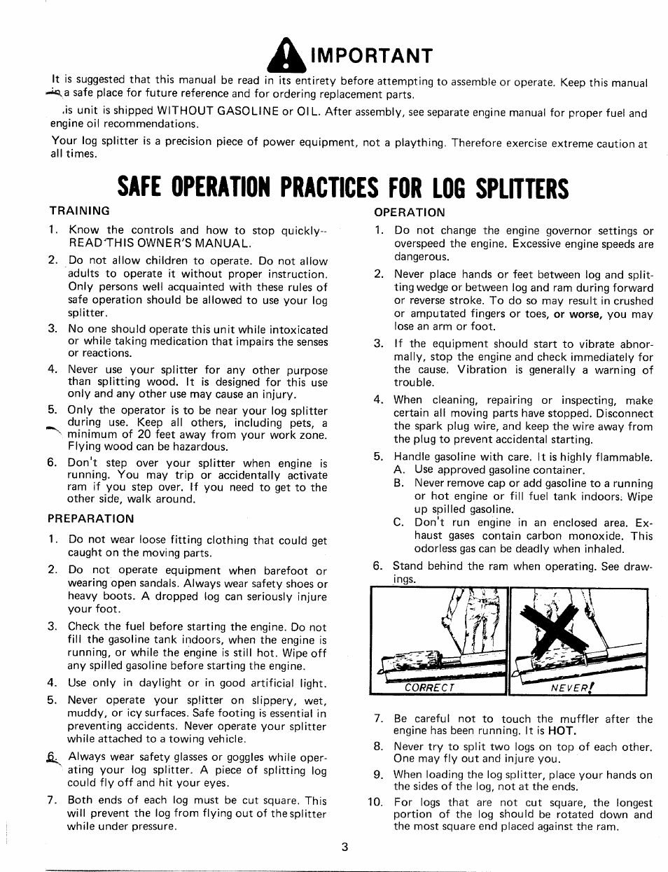 Important, Safe operation practices for log splitters, Training | Preparation, Operation | MTD 24638S User Manual | Page 3 / 16