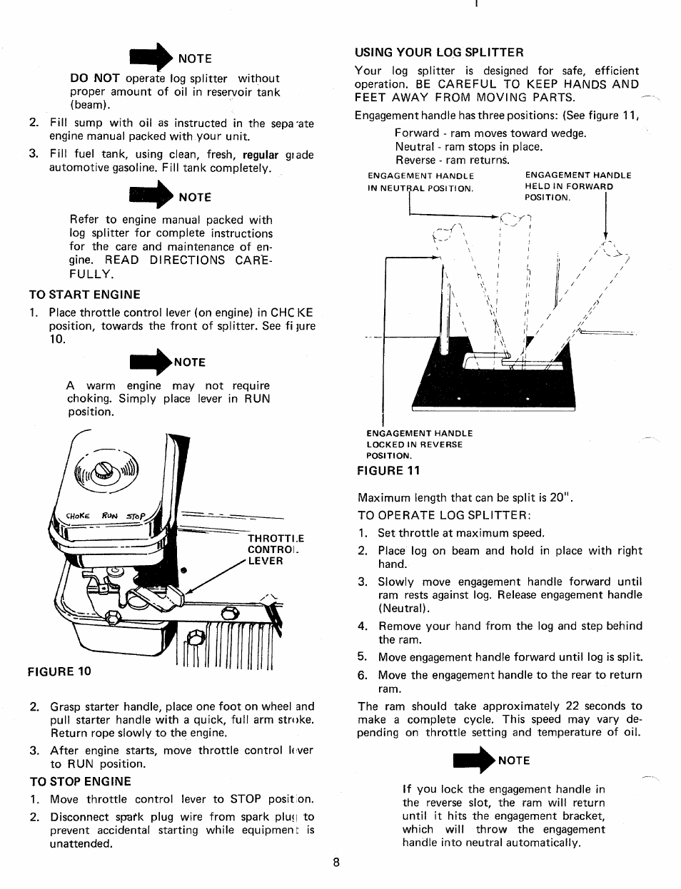 Note, To start engine, To stop engine | Using your log splitter | MTD 24638S User Manual | Page 8 / 16