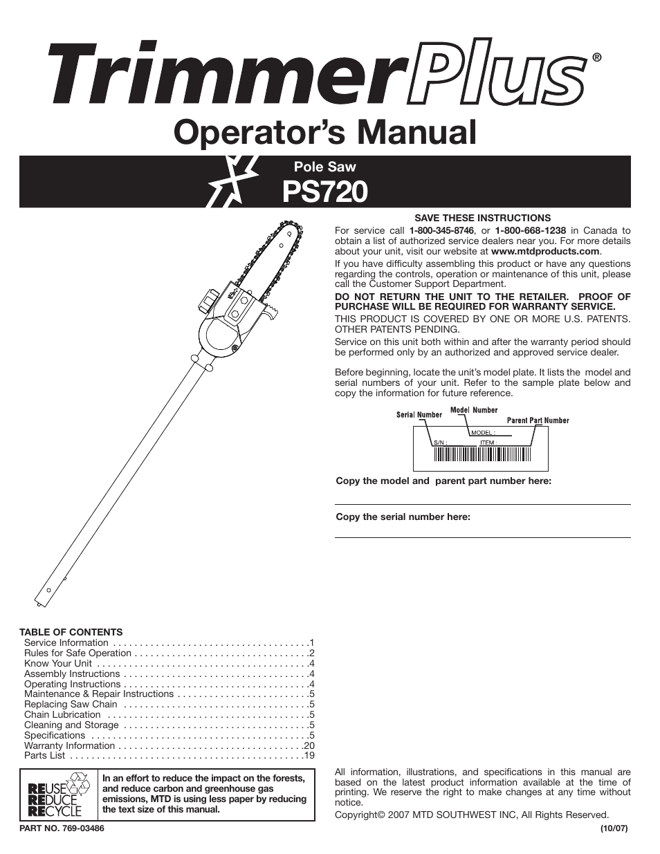 MTD PS720 User Manual | 20 pages