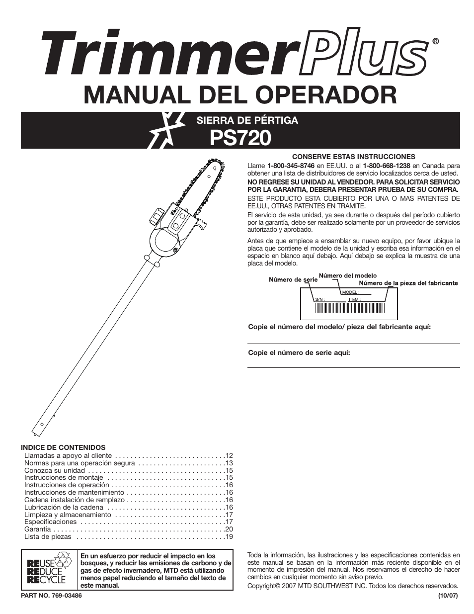 Manual del operador, Ps720 | MTD PS720 User Manual | Page 12 / 20