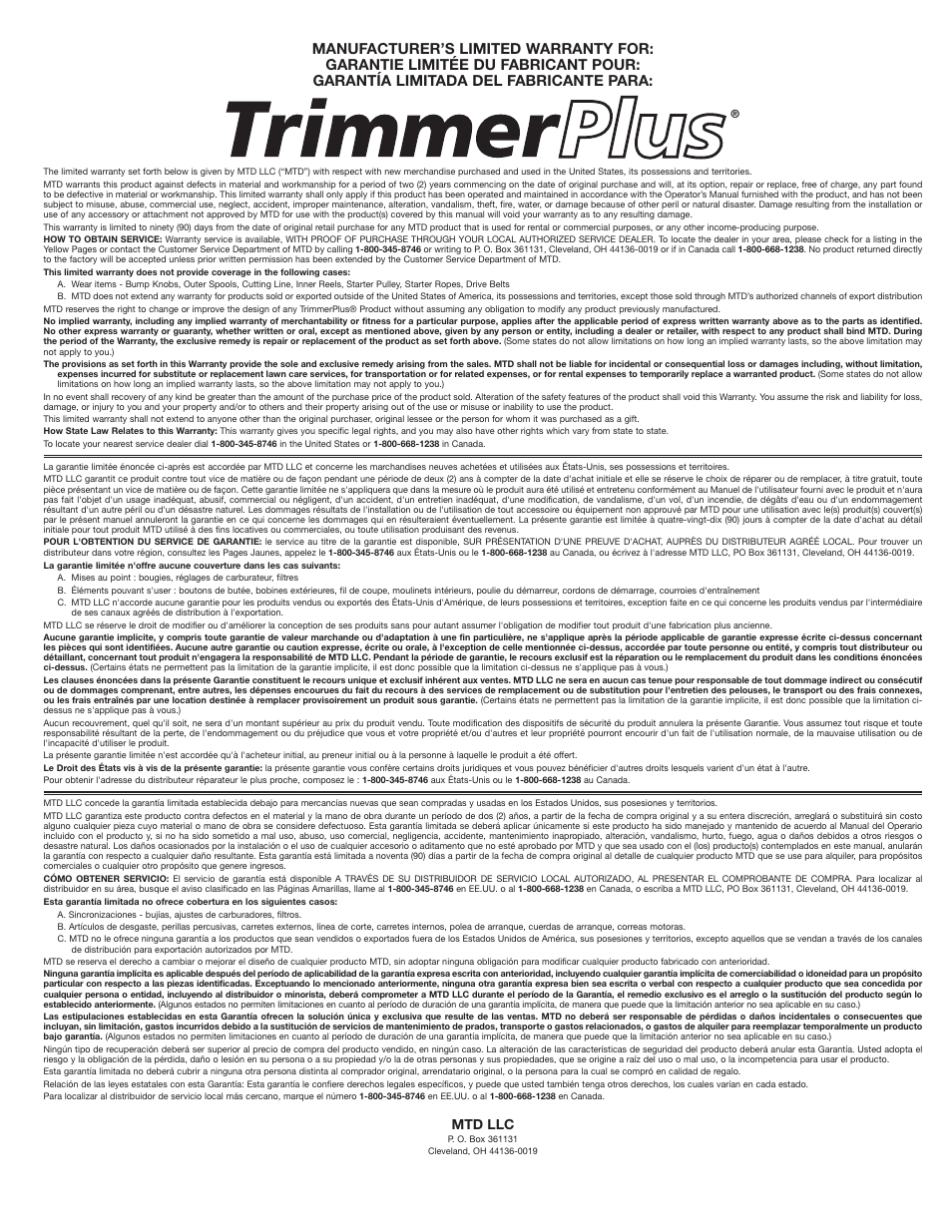 Mtd llc | MTD PS720 User Manual | Page 20 / 20