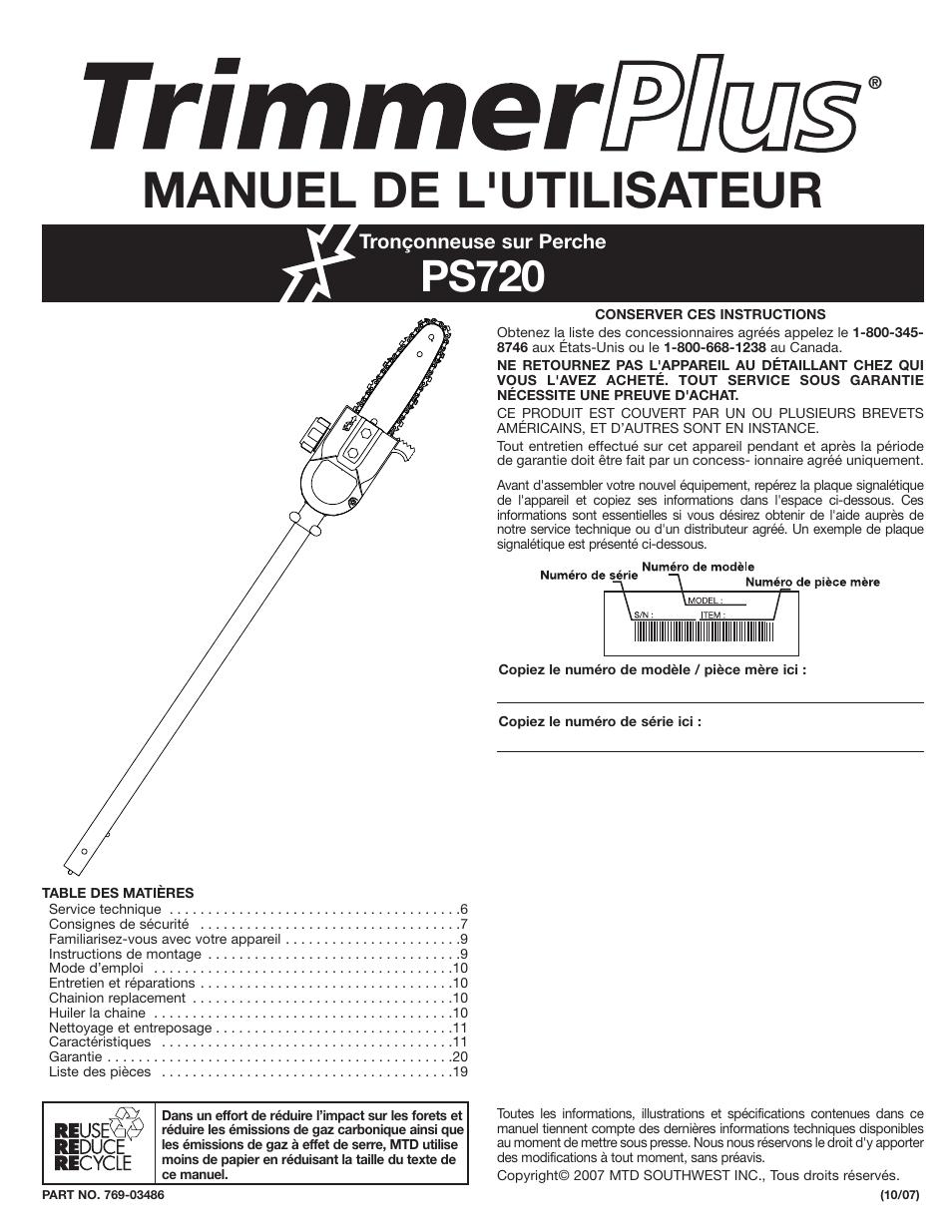 Manuel de l'utilisateur, Ps720 | MTD PS720 User Manual | Page 6 / 20