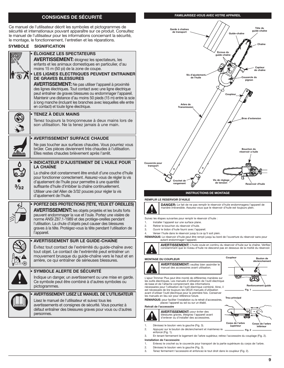 Avertissement, Consignes de sécurité, Symbole signification | MTD PS720 User Manual | Page 9 / 20