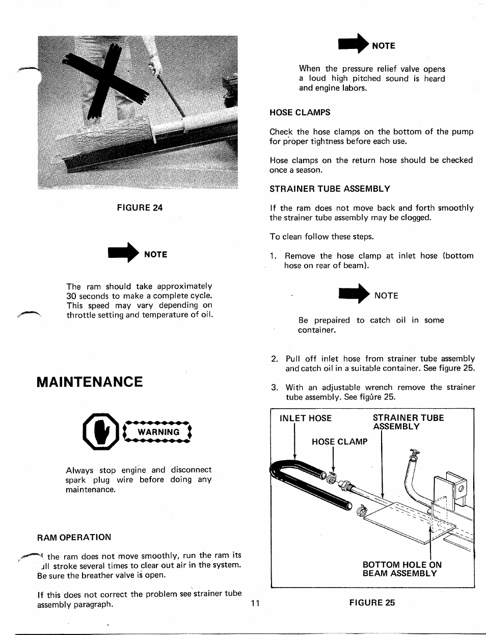 Hose clamps, Strainer tube assembly, Warning | Ram operation, Maintenance | MTD 249-640A User Manual | Page 11 / 16